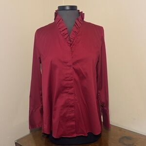 Chicos Burgundy Marion Ruffle neck button down Blouse tunic top, size 0, small